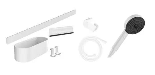 Weißes Badezimmerzubehör-Set mit einer Duschhandbrause, Halterung, Schlauch, Wandhalterung und einem Reinigungselement.